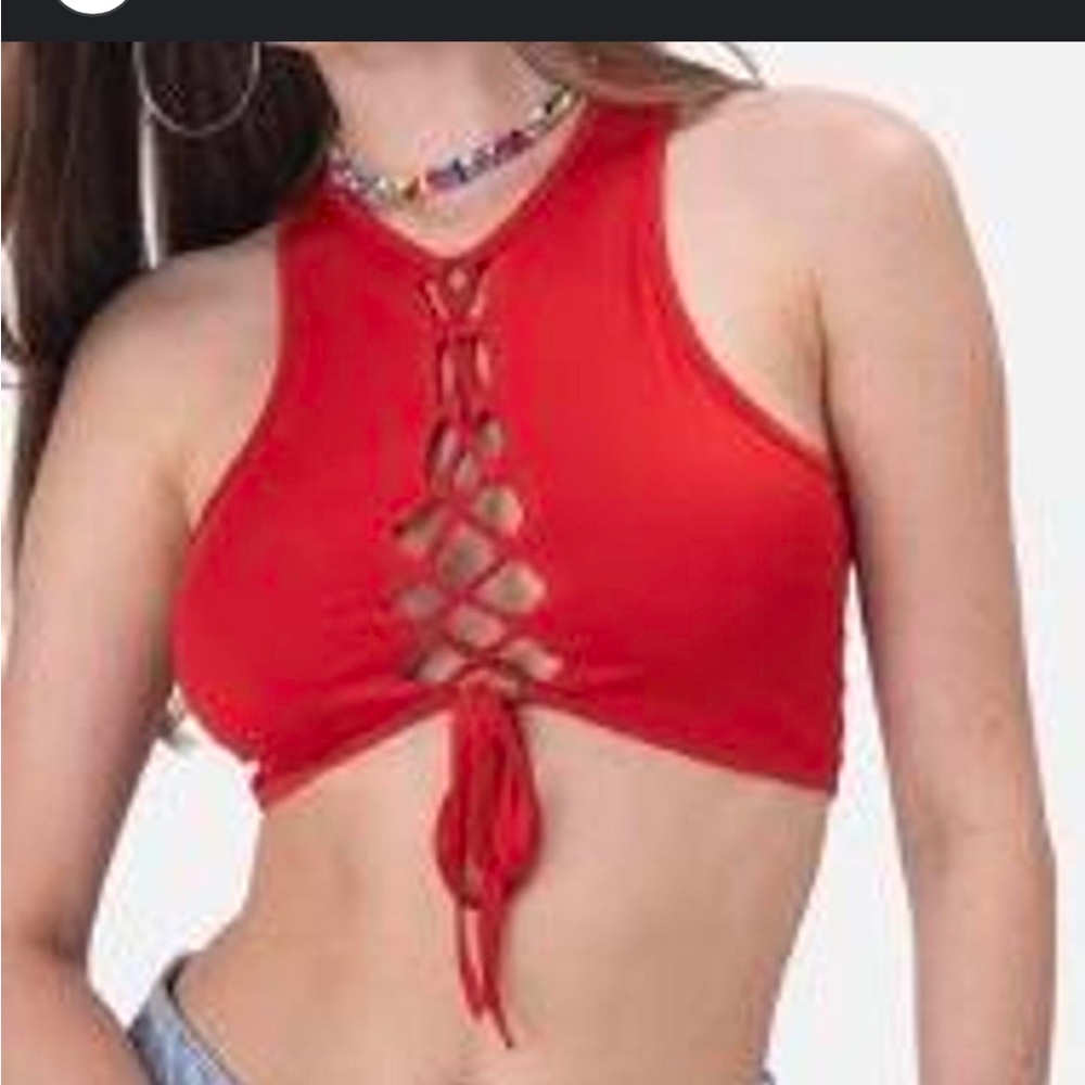 Red Lace-Up Crop Top